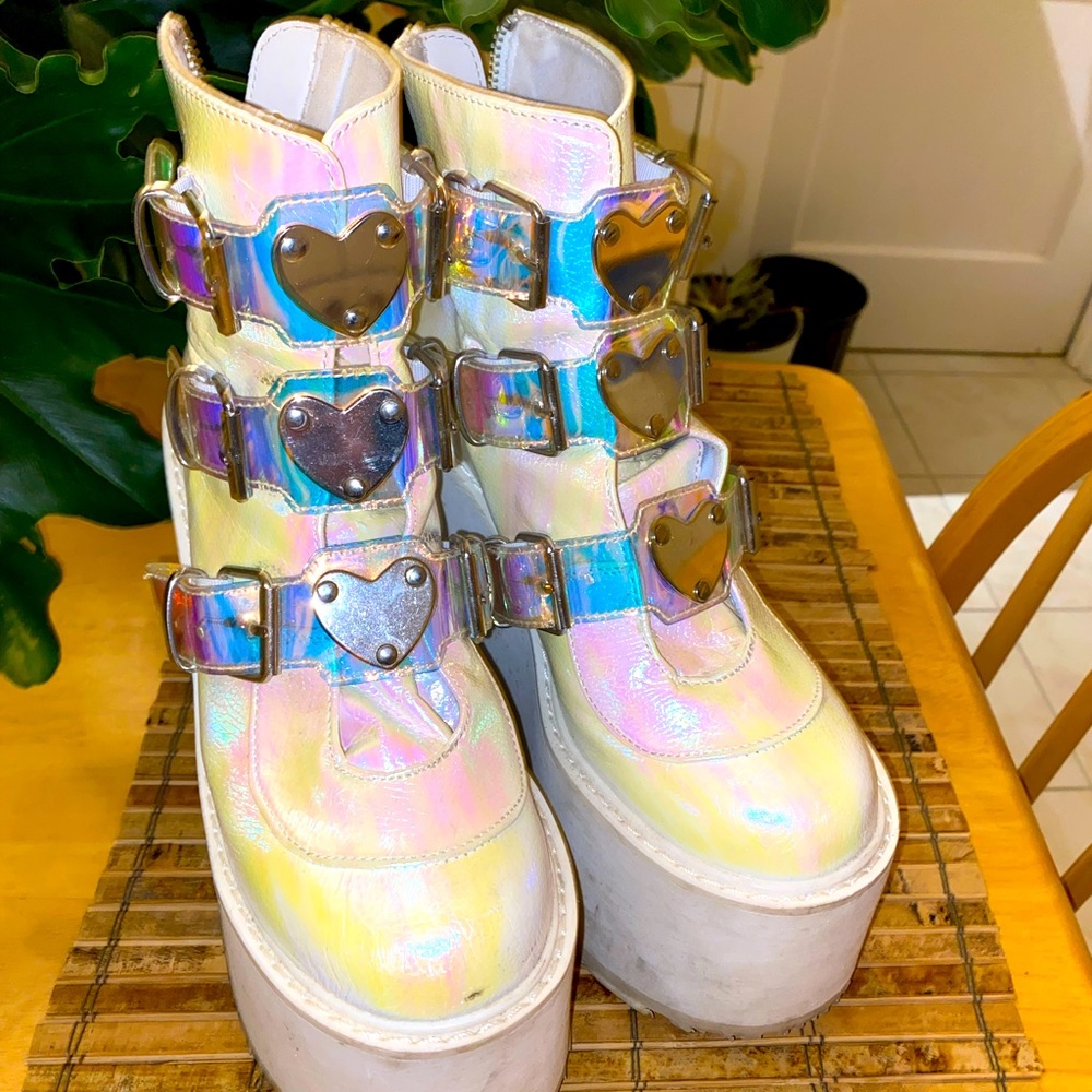 DEMONIA holographic heart buckle platforms